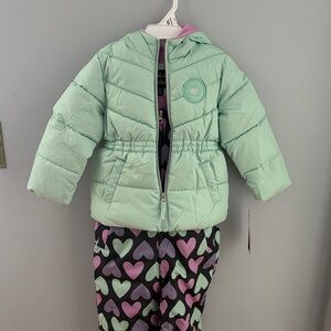 Mint Green Puffer Jacket with Heart Patterned Pants